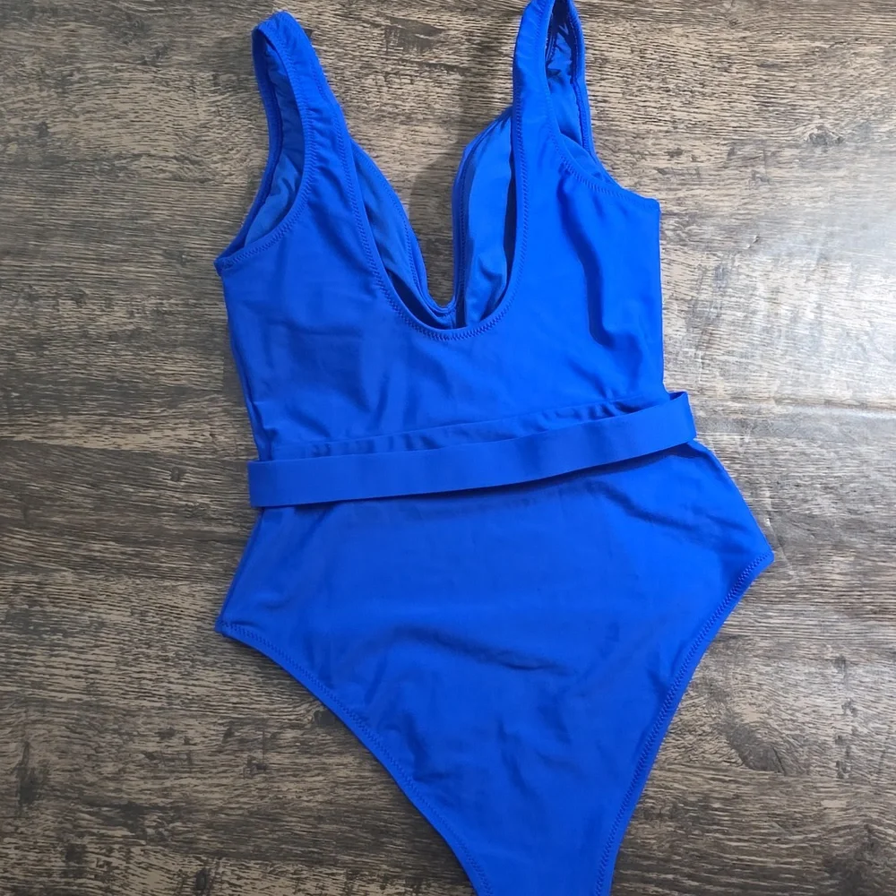 CUPSHE Royal Blue One-Piece Swimsuit‎ with Belt vneck Low Cut Sz S